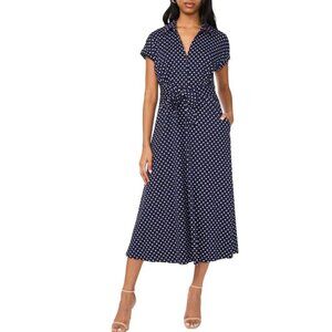 HALOGEN Women Navy Blue Polka Dot Midi Dress MEDIUM